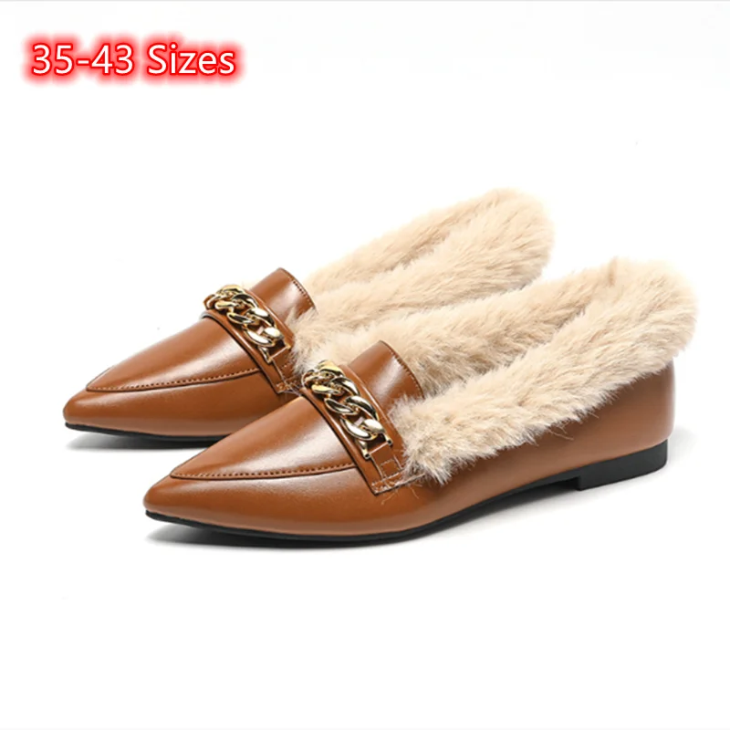

Lady Metal Chain Winter Warm Fur Flats Pointy Toe Slip-On Brown Shoes Sewing Hand-Made Luxury Designer Brown Footwear 35 36 43