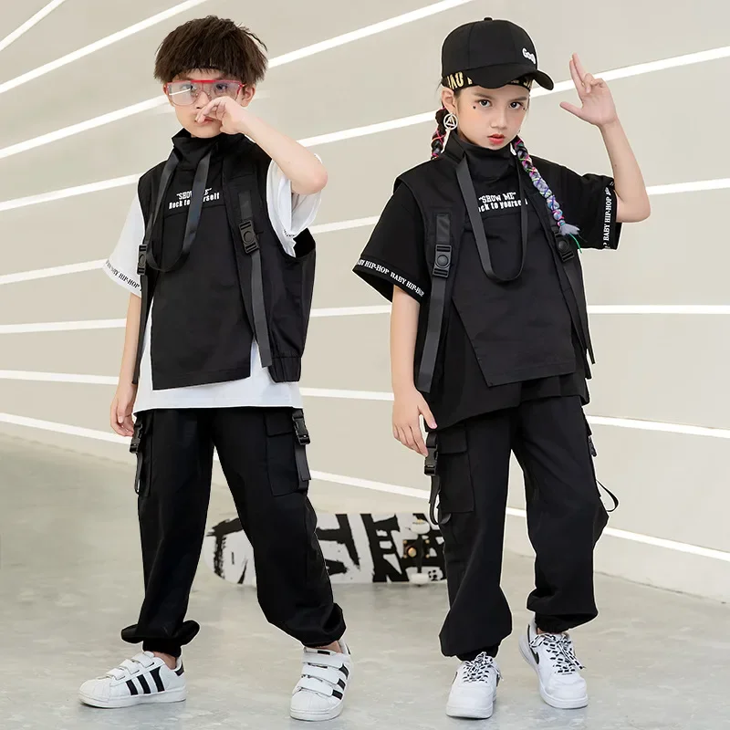 Roupas pretas Hip Hop para crianças, T Shirt Top, Calças táticas de carga, Jaqueta sem mangas, Colete Meninos, Meninas Jazz Dance Costume, Roupas