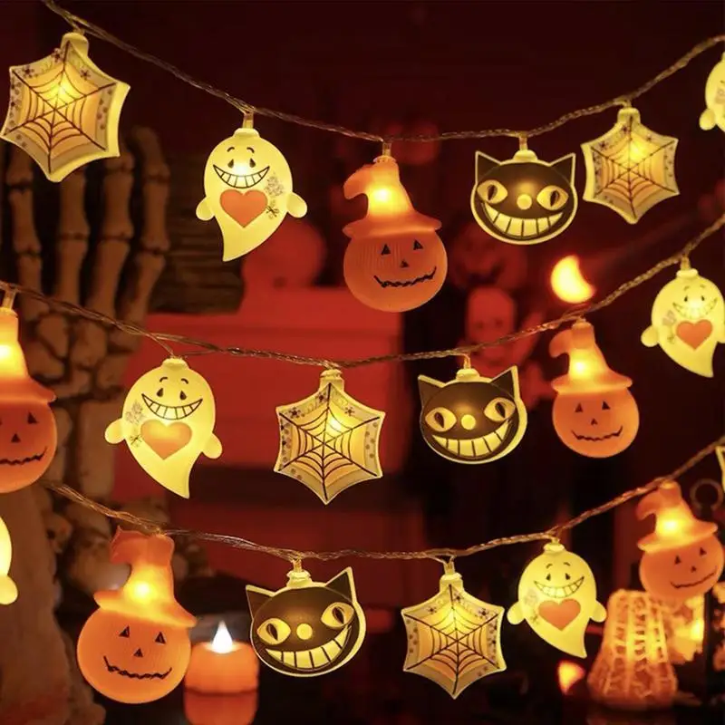 1 pz Halloween 10/20/40 LED luci a stringa alimentate a batteria con gatto fantasma zucca ragnatela forma interna per decorazioni per feste