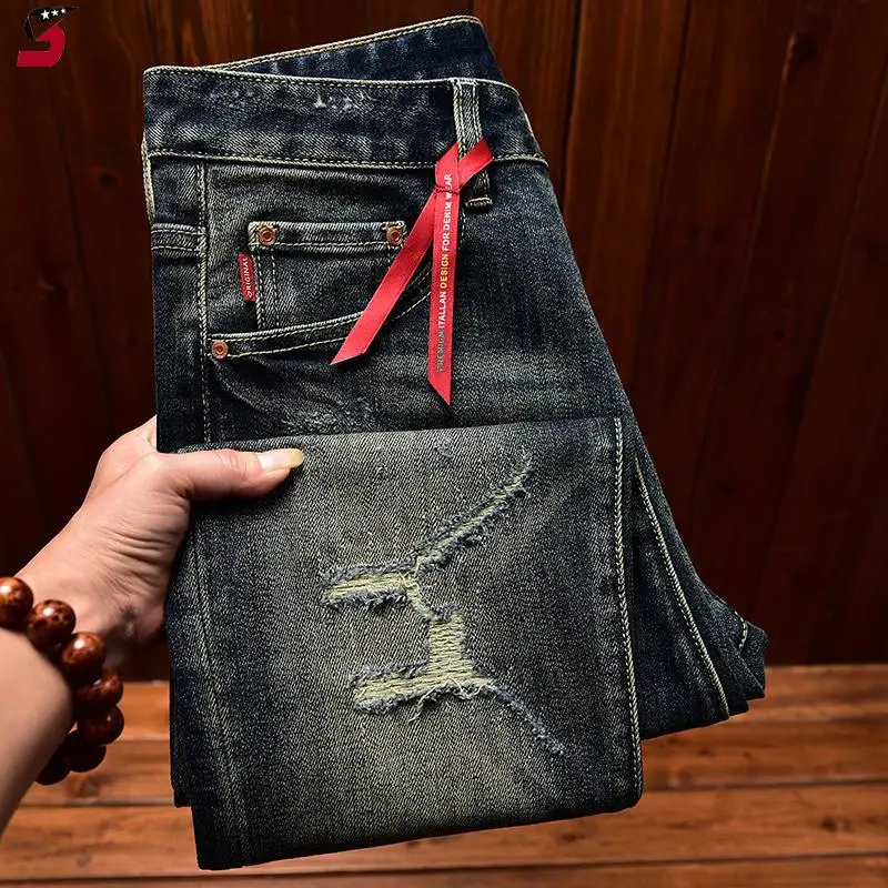 Fashion High-End Men's Jeans Autumn Winter New Ripped Patch Stretch Slim Fit Retro Vintage Long Pants