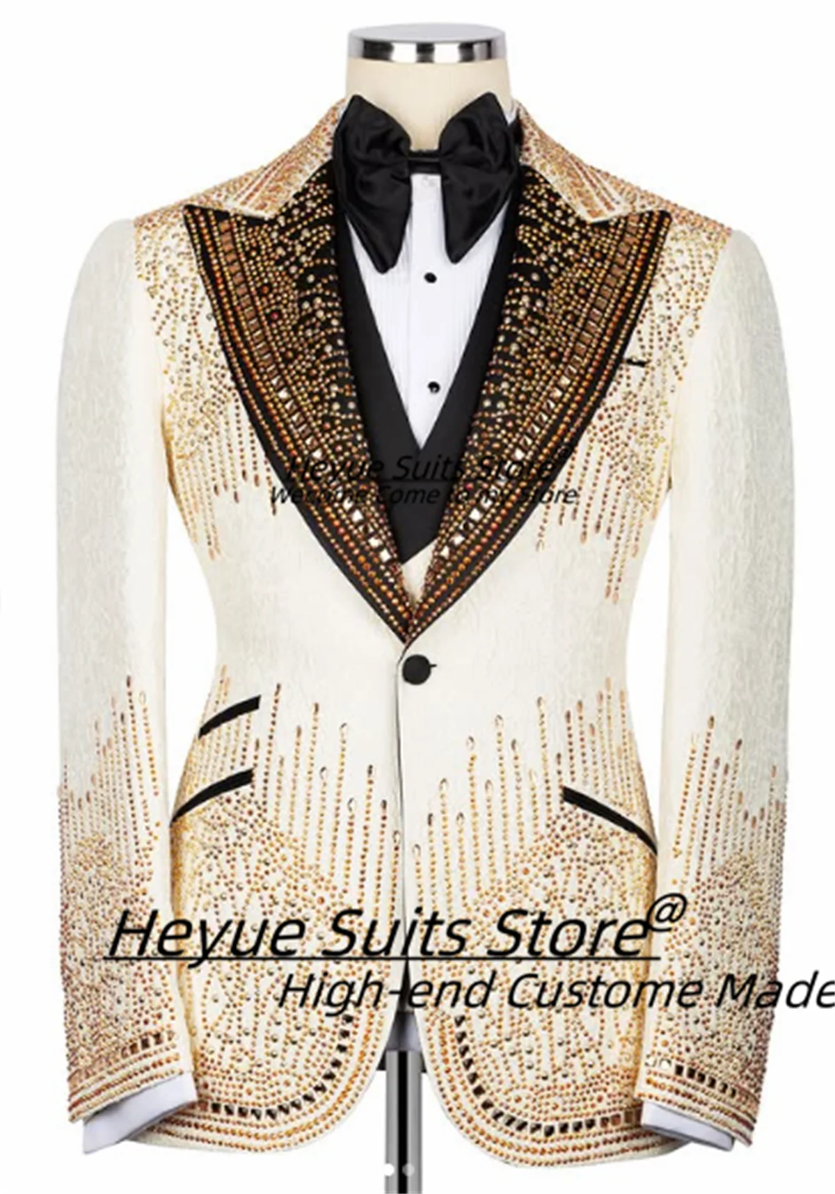 French style Shiny Beadwork Men Suits Slim Fit Peak Lapel Groom Wedding Tuxedos Male Prom Blaers 3Pieces Sets trajes para hombre