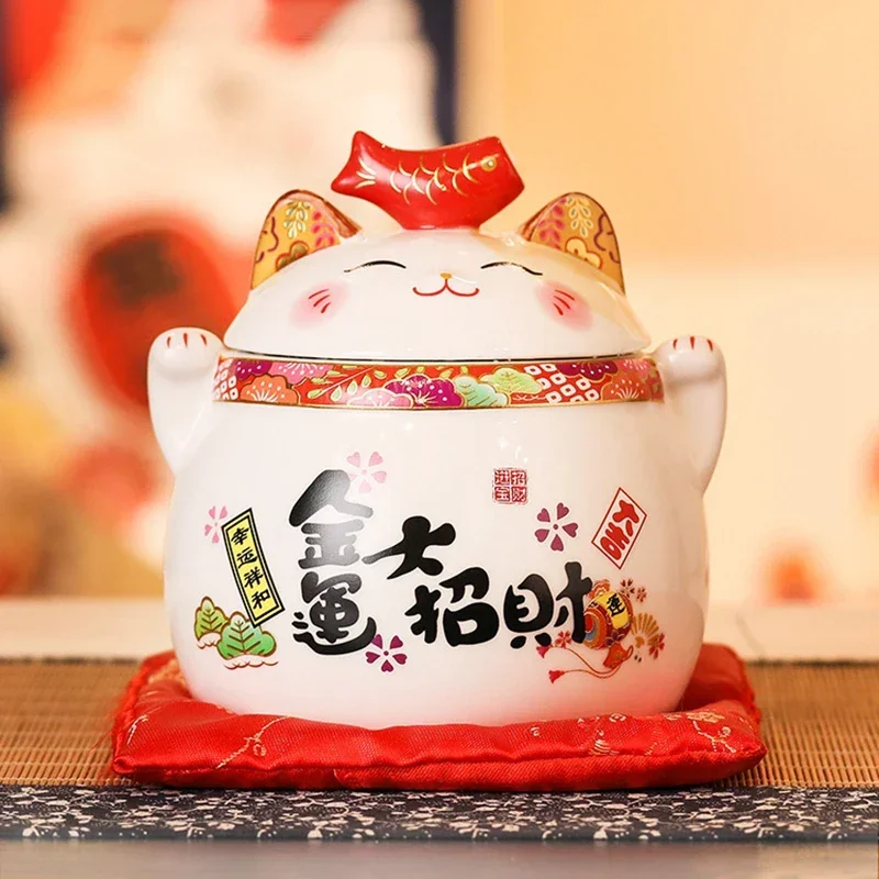 

6 Inch Ceramic Maneki Neko Ornament Home Decoration Lucky Cat Figure Tabletop Candy Dish Cookie Canister Koi Fish Lid