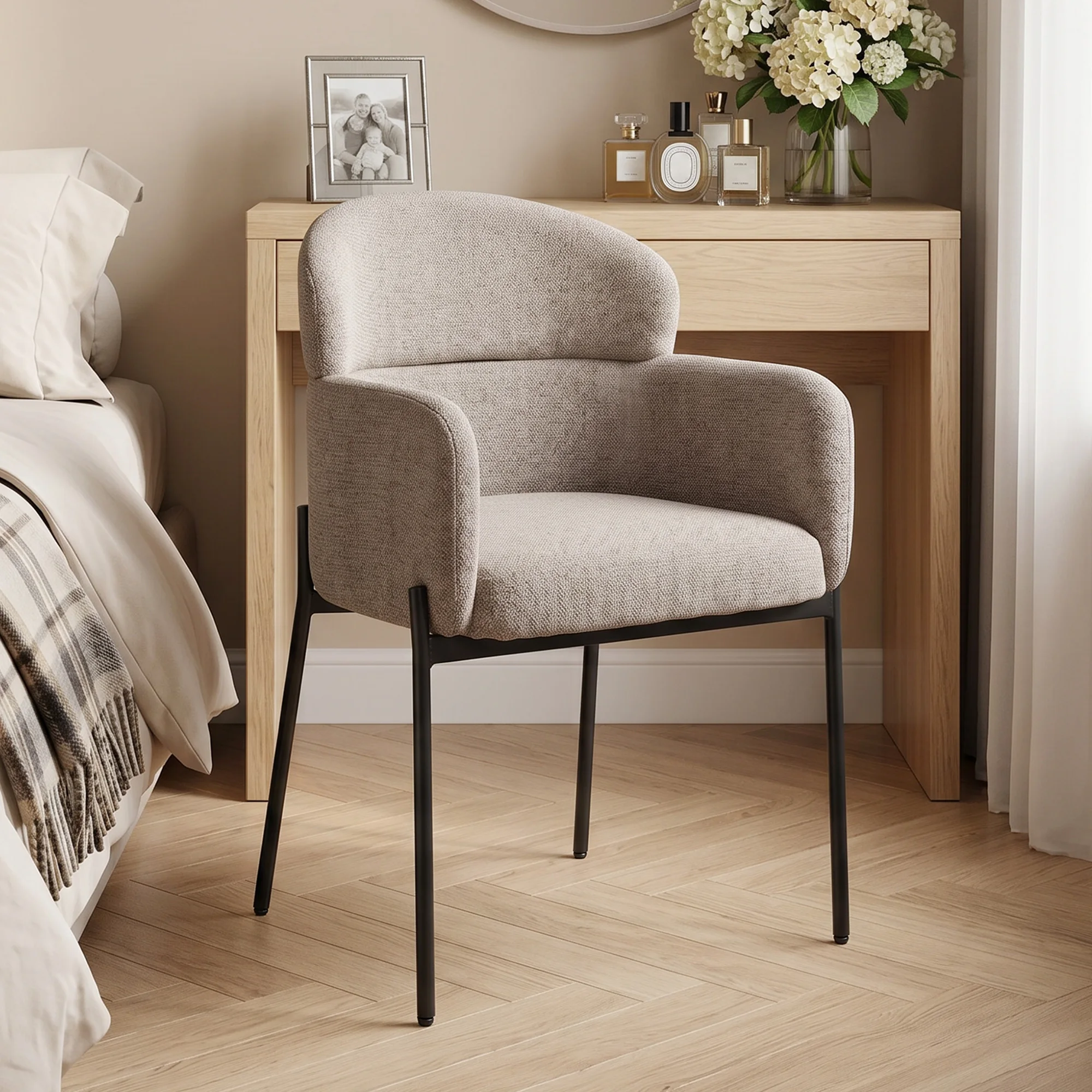 HOMCOM Sessel Wohnzimmer Loungesessel mit Chenille-Optik, Gebogener Rückenlehne, Moderner Lesesessel mit Armlehnen, Metallbeinen Relaxsessel Polsterstuhl für Schlafzimmer, Esszimer, Hellbraun