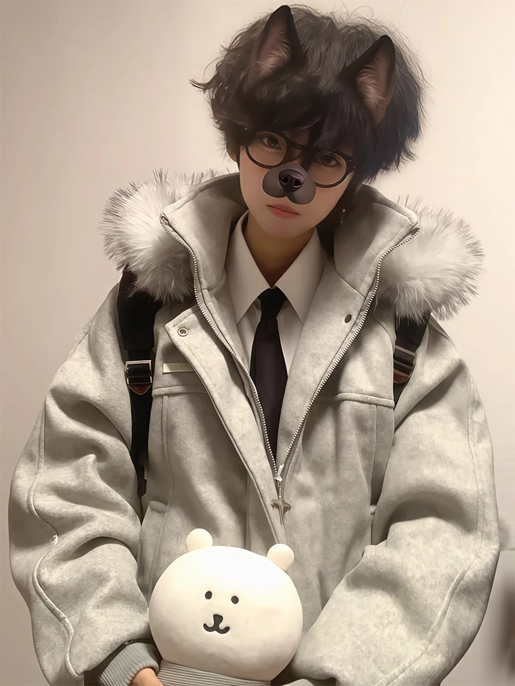 

Cleanfit ey Woolen Cotton Jaet Men's Winter American ort Sle Fur Collar Pilot Coat Thi Warm Polyester Fiber