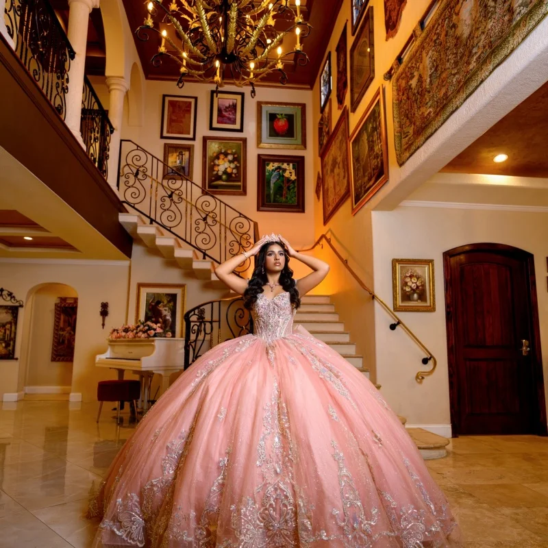 

Luxury Shiny Pink Quinceanera Dresses Off the Shoulder Glitter Crystal Decal Long tail Bow Vestidoe 15 Quinceanera Customize