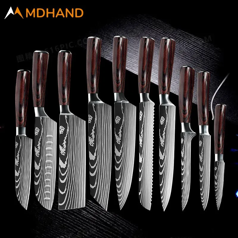 Stainless Steel Chef Knife Set, Laser Damascus Pattern, Sharp Japanese Kitchen Cleaver, Utility Slicing Santoku Knife, 7CR17MOV