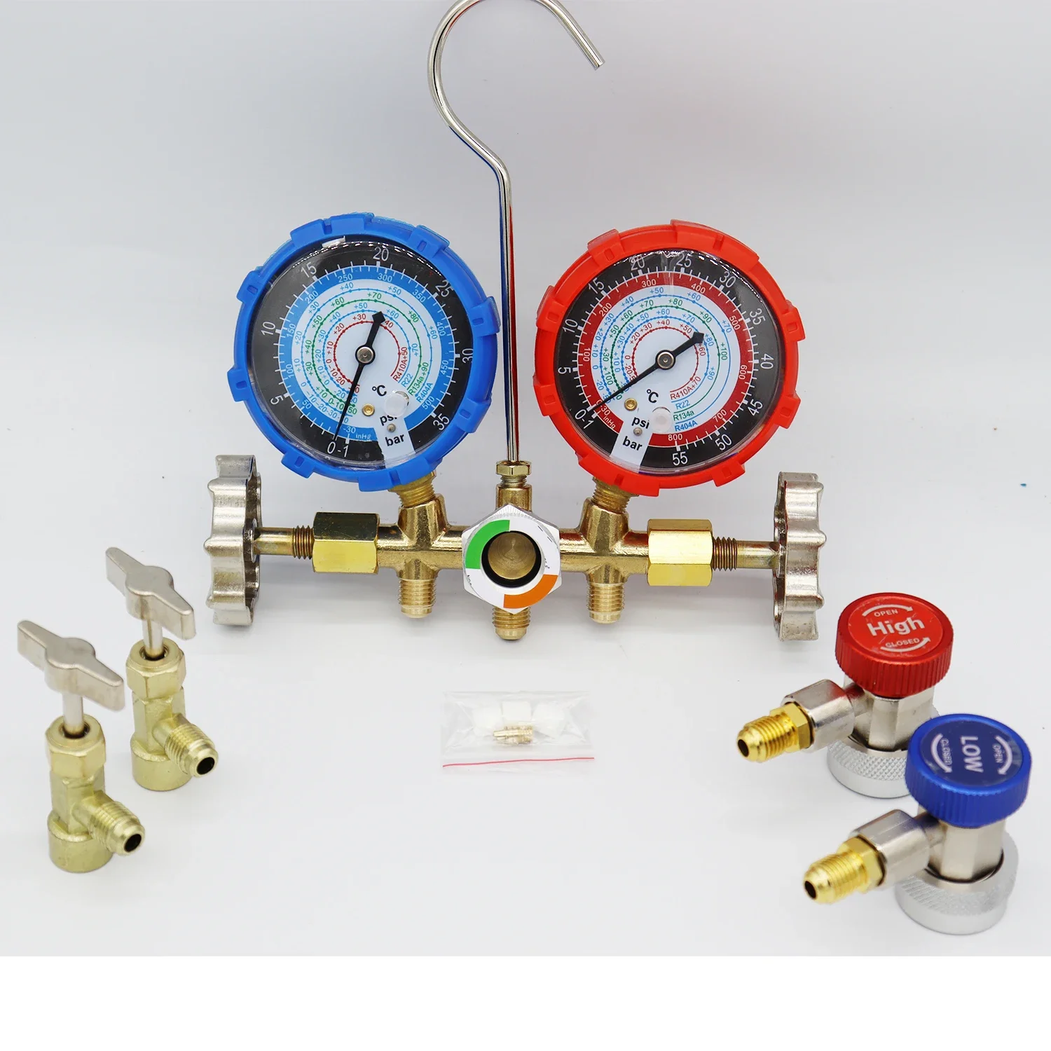 Refrigerant Manifold Meter Kit for automotive air conditioning charging of R410A, R22, R134a, R404A refrigerants