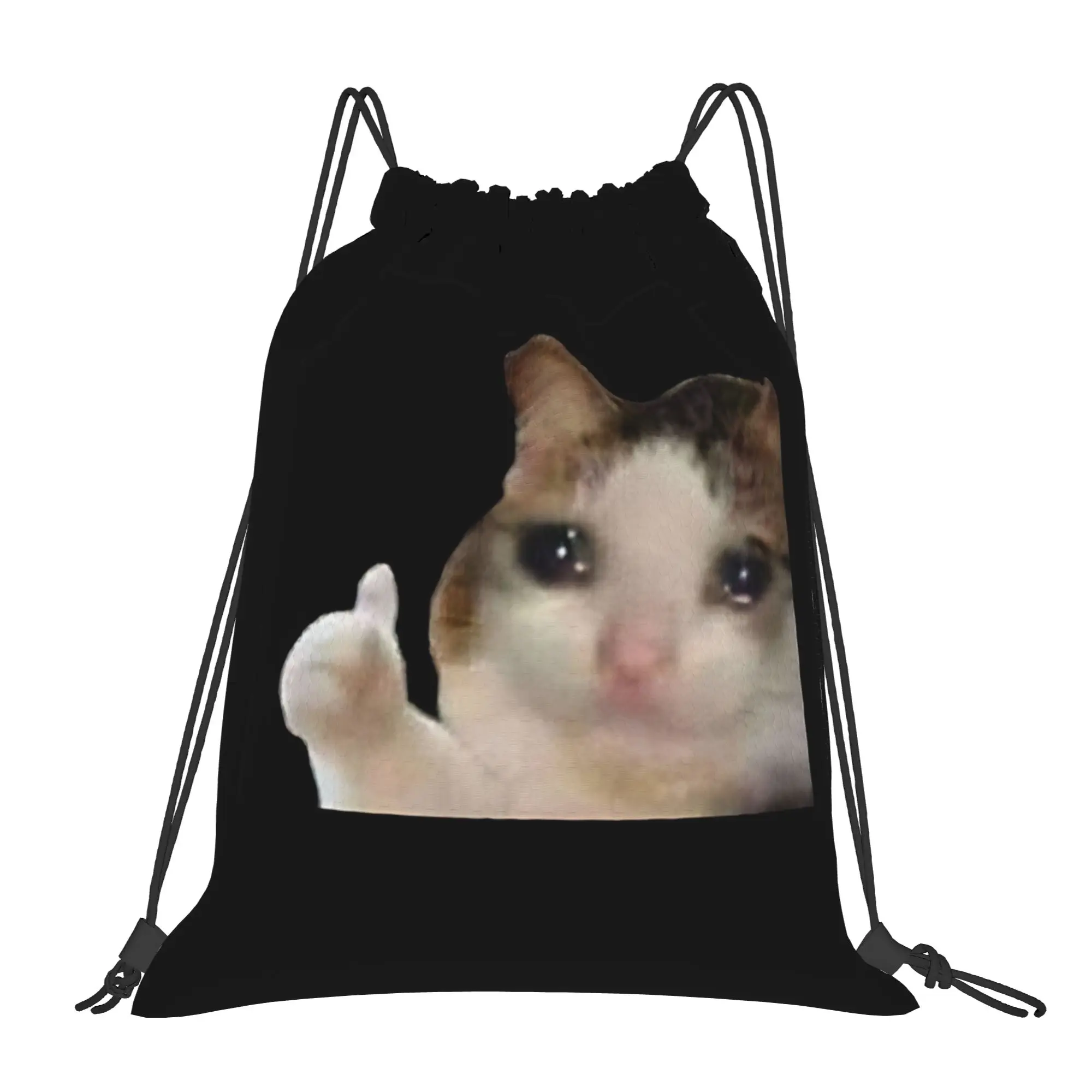 Cat meme Crying Cat Thumbs Up Portable Travel Riding Gym Drawstring Storage Sporty Backpacks