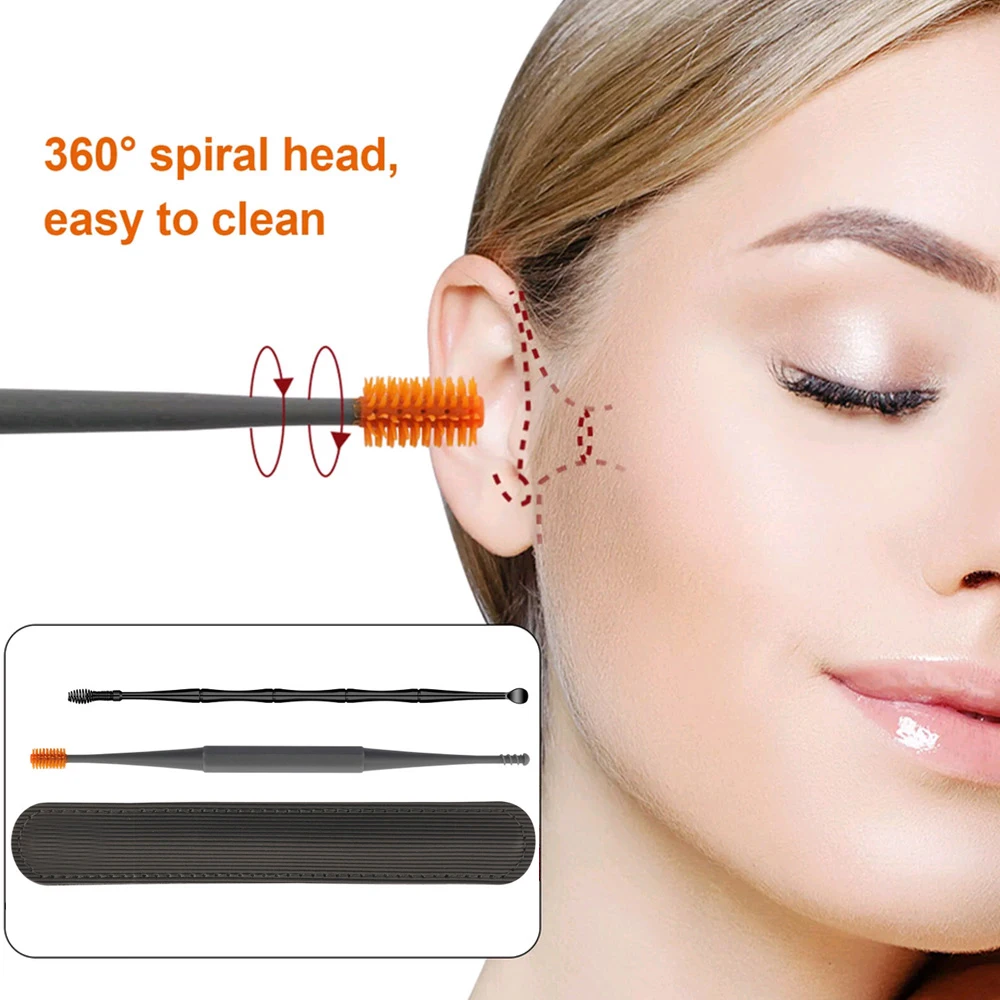 

1Set Ear Cleaning Stick Ear Wax Removal Tool Earpick Remover Silicone Black Orange Ear Pick Double Head Cleaner 360° Spiral Swab