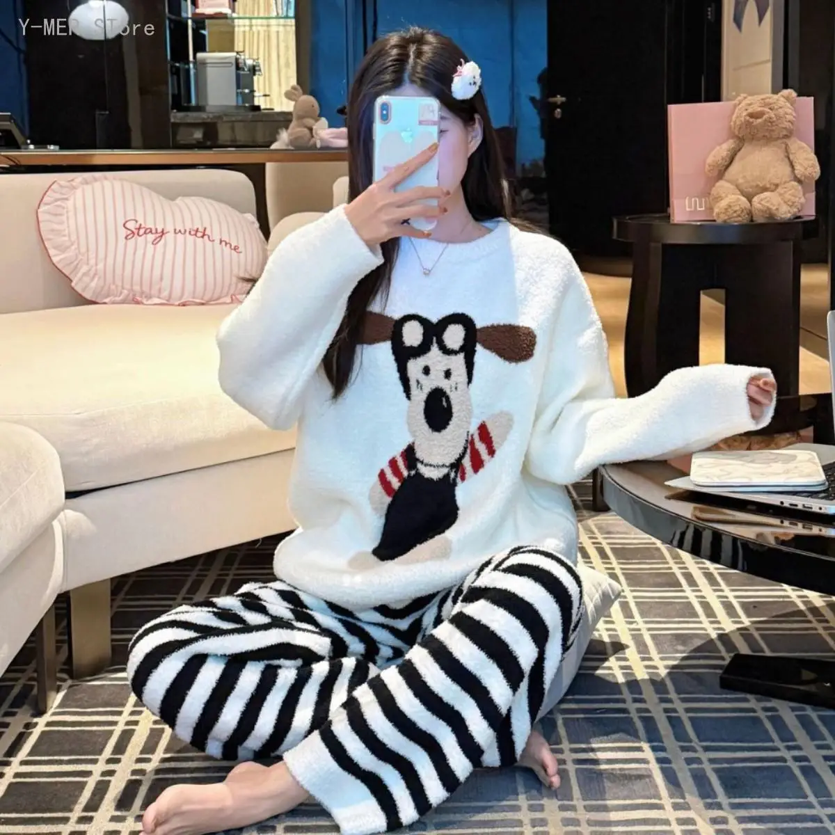 Women Korean Sweet Style Half Sided Fleece Pajama Set Thick Warm Soft Wearable Outside Casual Cozy Loungewear Sleepwear Suit