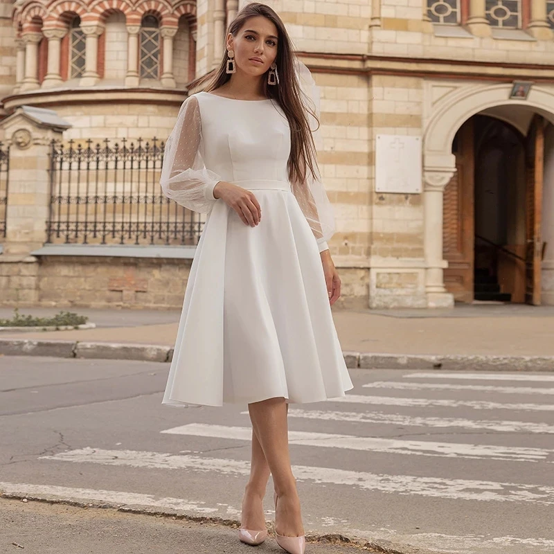 Vestidos de novia de manga larga con cuello redondo, traje de encaje hasta la rodilla, hecho A medida, color marfil, barato, 2024