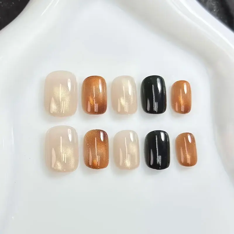 10Pcs Amber Color Simple and Elegant Press on Nails Short Oval and Middle Almond Shape Cat Eye Nail Art Removable False Nails
