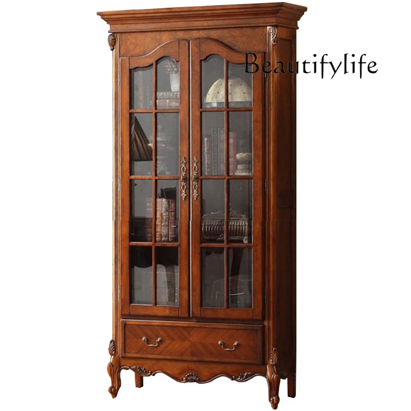 

Solid wood bookcase American double door bookcase, European small apartment study floor locker 1 meter