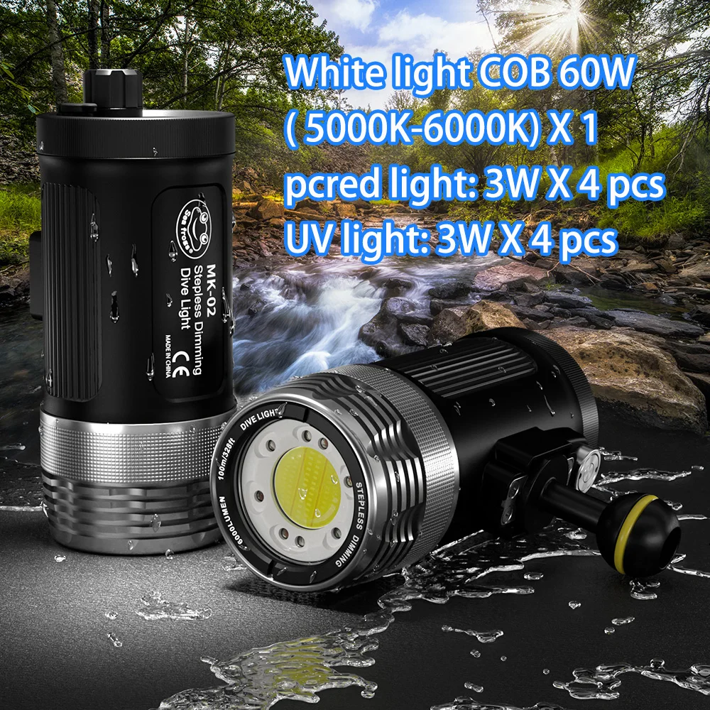 Seafrogs Photography Flash light 6000lumens/3000lums 100m Waterproof Depth Diving Torch With Optical Fiber Cable