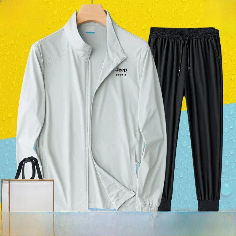 

Men's Summer Ice Silk Qui Dry Lightweight Casual Fitn Sports Suit Outdoor Running Exercise Protection Clothing Set