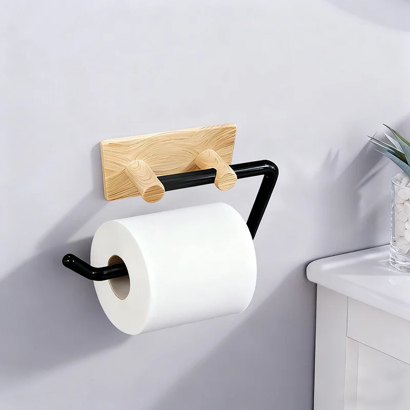 Modern Wall-mounted Toilet Paper Holder with Wood Grain Finish, No-drill Self-adhesive Tissue Rack—dual-purpose Kitchen/bathroom