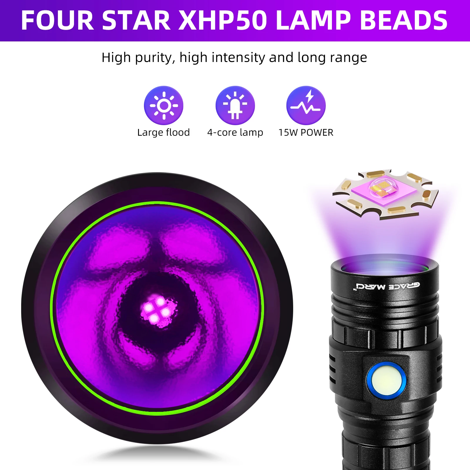 TopCom 60W Powerful 365nm UV Flashlight Aluminum Alloy Orange Peel Reflector Filtered Black Light Detector Handheld Rechargeable