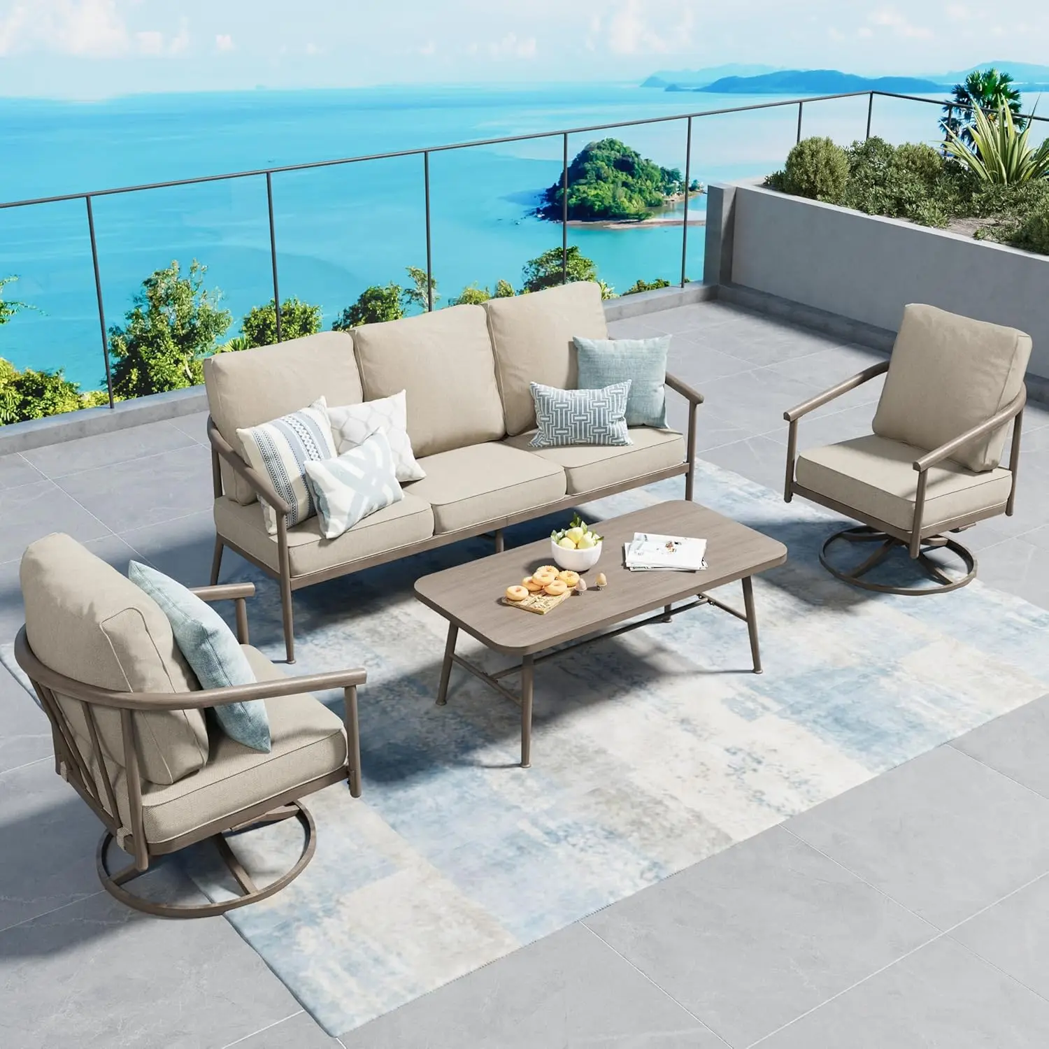 4 Piece Metal Outdoor Patio Furniture Sets, Unique Windsor Style Patio Conversation Sets 1 3-Seater Sofa,2 Swivel Sofas and Coff