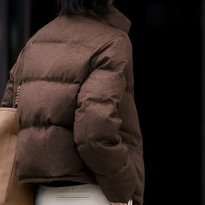 Women's Lyocell Wool Down Jacket, 90% White Goose Down, Stand Collar, Winter Style, Luxury