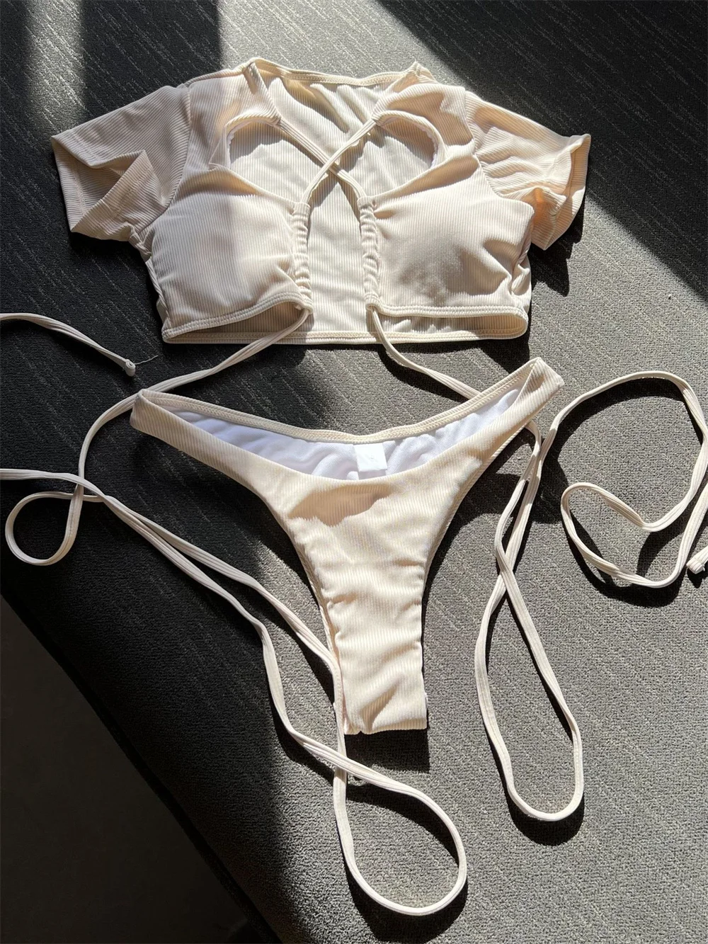 Sexy string tankini oco para fora bandagem biquíni maiô férias banho feminino duas peças roupa de praia conjunto de natação