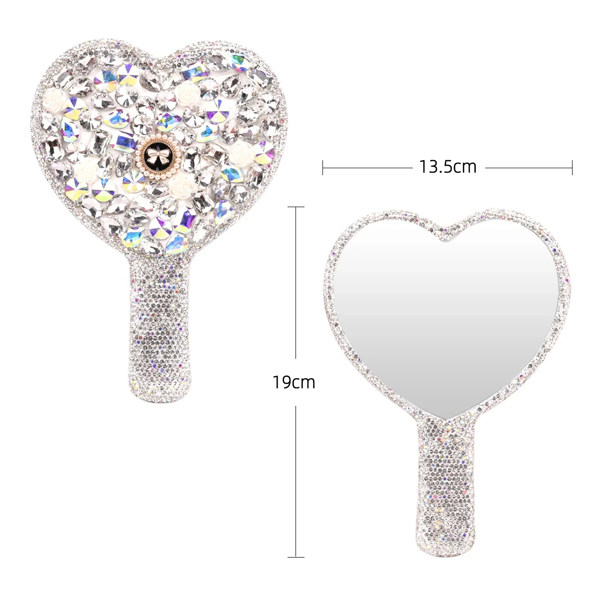 Diamond Handheld Makeup Mirror Love Heart Shiny Rhinestones Cosmetic Mirror for Women Handle Vanity Make Up Mirror Beauty Tools