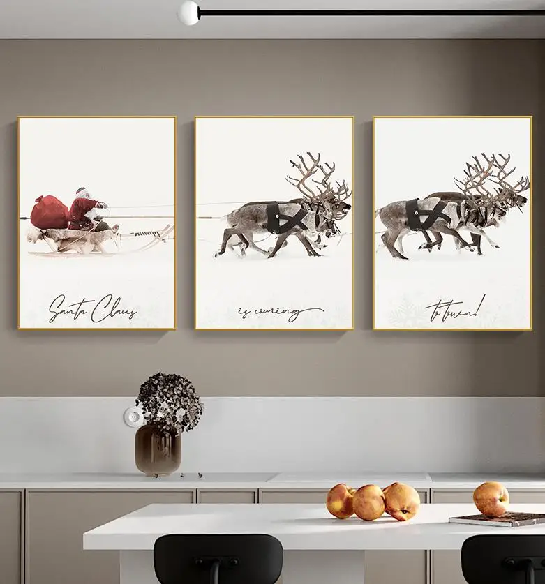 Christmas Poster Santa Claus And Elk Deliver Gifts In The Snow Canvas Painting Modern Art Print Wall Picture Living Home Decor