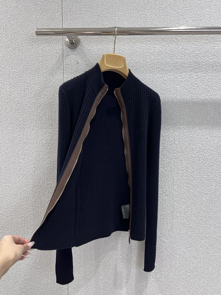 

A fashionable blue slim-fit coat for spring and autumn, a retro wool zipper knitted coat for women