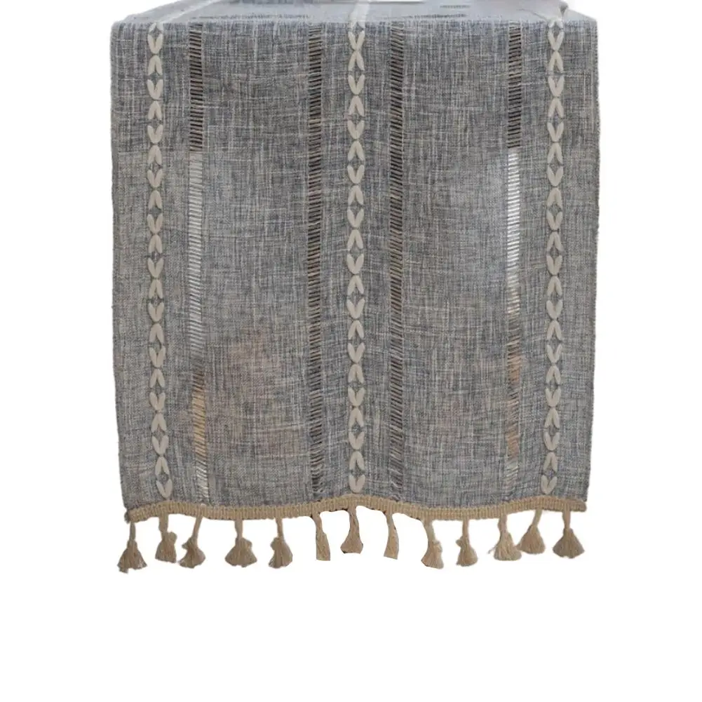 33 x 180 cm Table Made of Polyester and Linen Blend for Kitchen Table with Embroidered Stripes and Cutout Details