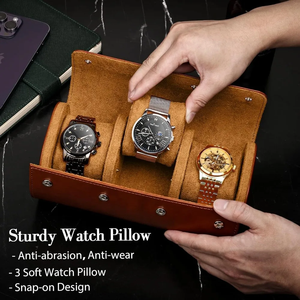 3 Slot Portable Watch Roll PU Durable Leather Watch Storage Case Dustproof Watch Organizer Holder Wrist Watch Display Bag image 5