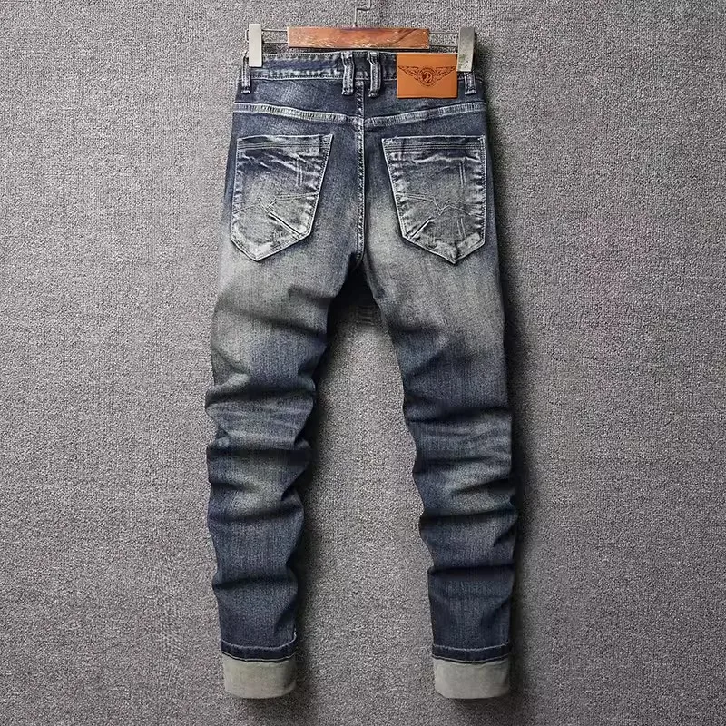 Fashion Designer Men Jeans High Quality Retro Washed Blue Elastic Slim Fit Ripped Jeans Men Trousers Vintage Denim Pants Hombre