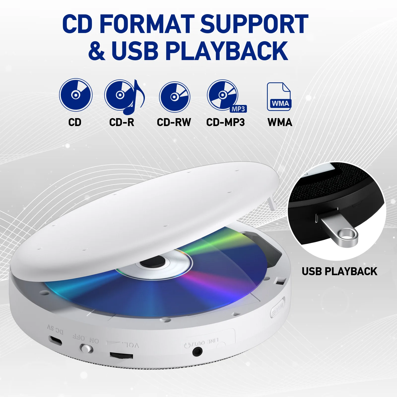 

Многофункциональный проигрыватель компакт-дисков, двойной Bluetooth, FM-передатчик, USB-плеер, два динамика, ткань