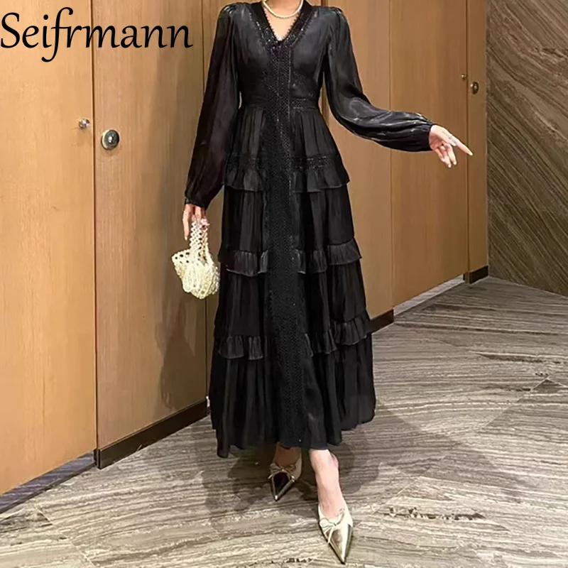 Vestido de noite Seifrmann, vestido feminino de verão 2025 de manga comprida com decote em V com fungo preto em camadas e bordado de renda