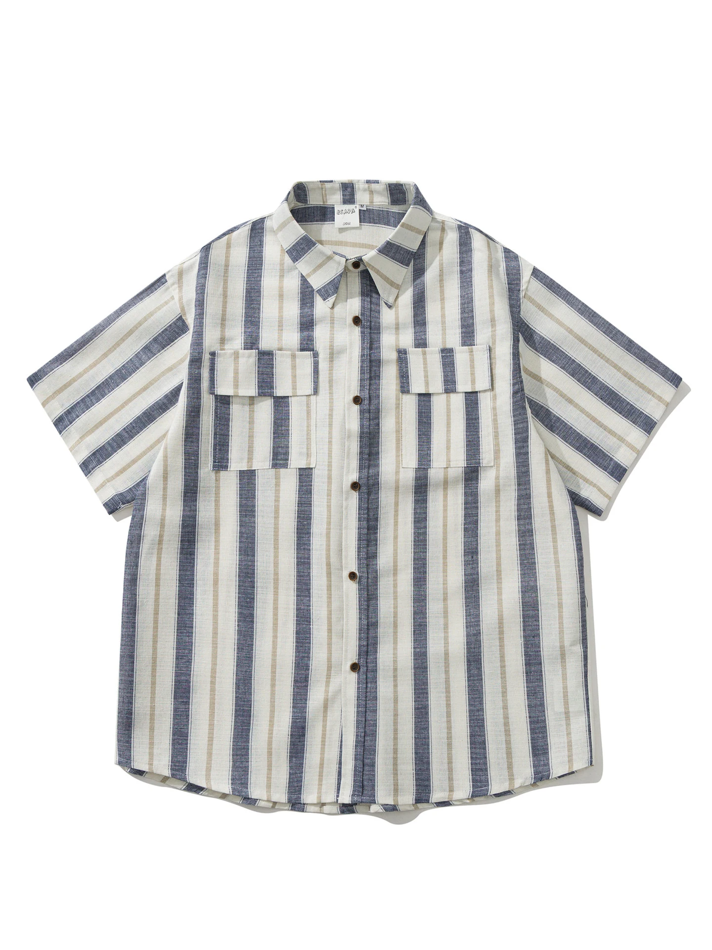 Summer Japanese Retro Striped Pocket Patchwork Shirt Men's and Women's Loose Five Quarter Sleeved Shirt