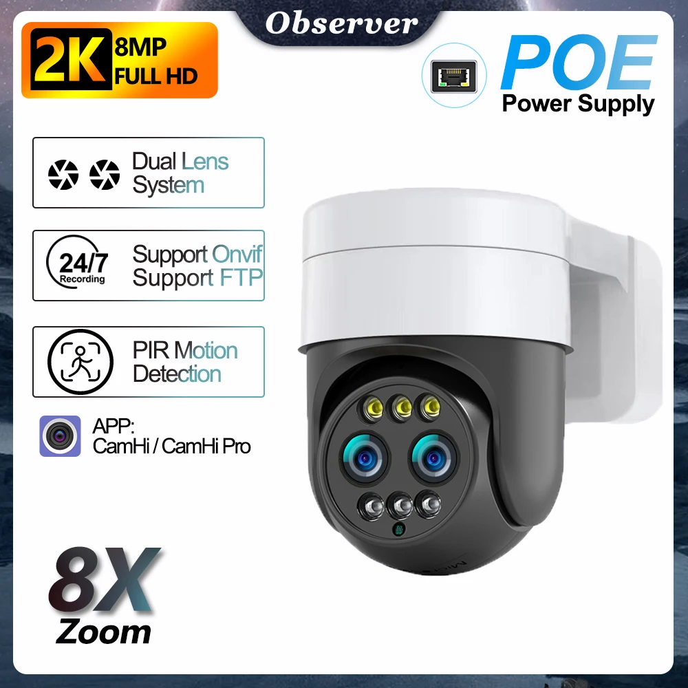 8MP Binocular POE Wifi Survalance Camera 2K FHD 8x Zoom Outdoor Dual Lens IP Cam Auto Tracking CCTV Compatible with NVR FTP