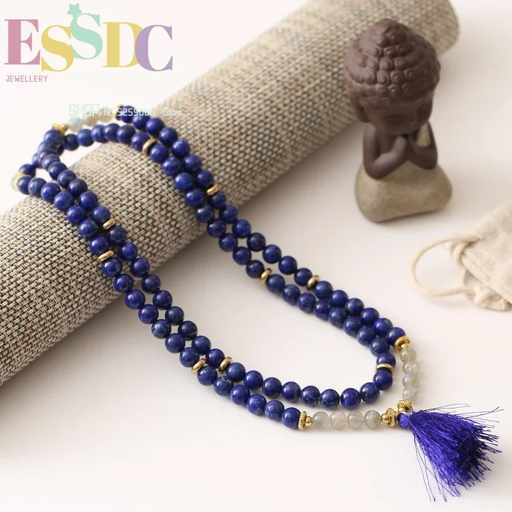Handmade Natural 8mm Lapis Lazuli 108 Moonstone Beads Bracelet Energy Stone Healing Mala Yoga 108 Necklace DIY Unisex Jewelry