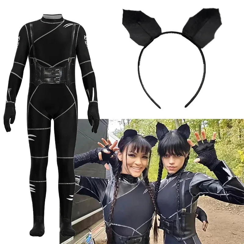 

Wednesday Addams Cosplay Black Cat Jumpsuit Cosplay Costume Ears Headband Outfit Catsuit Halloween Party Suit For Kids Girls