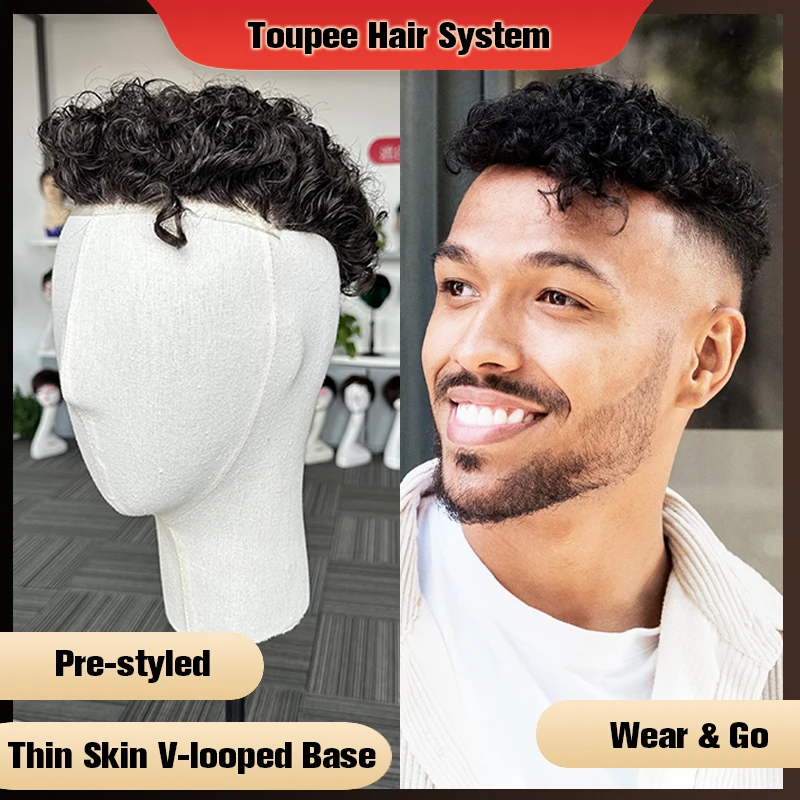 

Natural Curly Pre Styled Men Toupee Thin Skin V Loop PU Base Human Hairpieces Hair Replacement System Protesis Hombre Male Wig