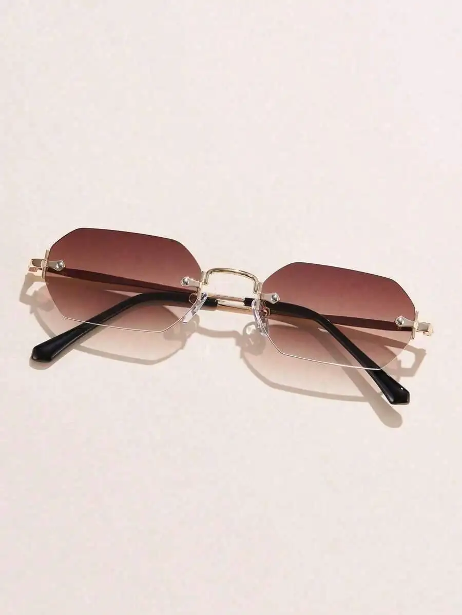 Mens Small Polygon Rimless Fashion Sunglasses Blue Gradient Lens Gold Tone Metal Frame view 3