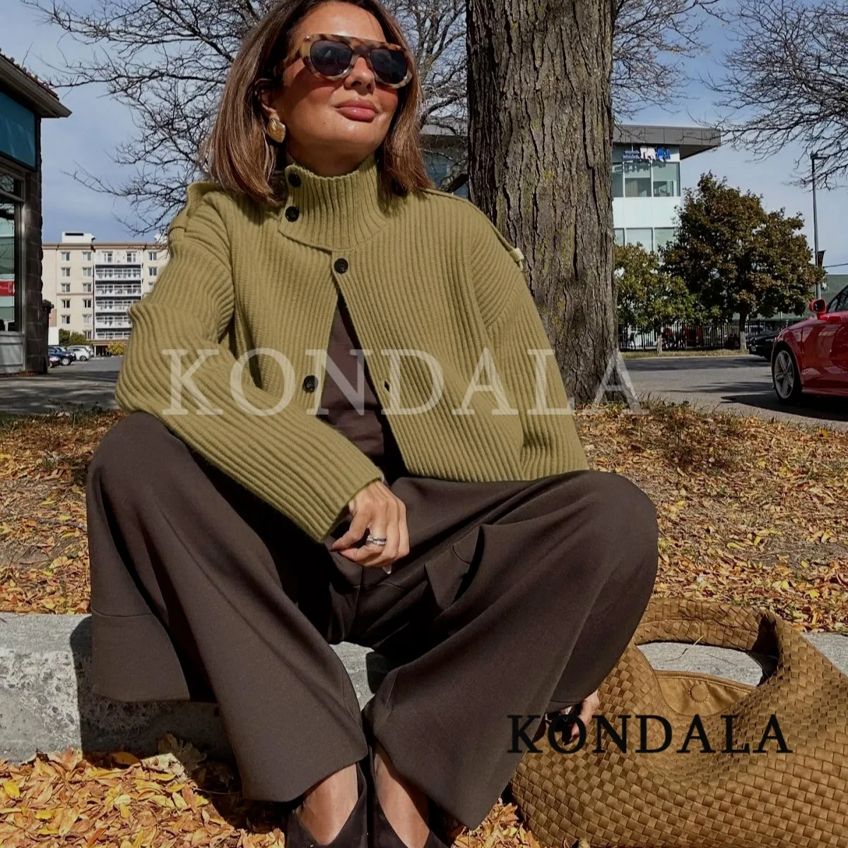 

KONDALA осенний вязаный кардиган с высоким воротником, женский элегантный кардиган на пуговицах, пальто, осень-зима 2021, модный женский кардиган для поездок на работу