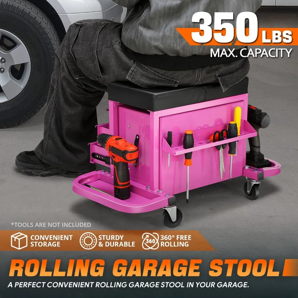 3-Drawer Tool Chest Rolling Mechanic Seat with Tool Trays,350lbs Max Weight Capacity, Purple, TOOLS-00261-PR