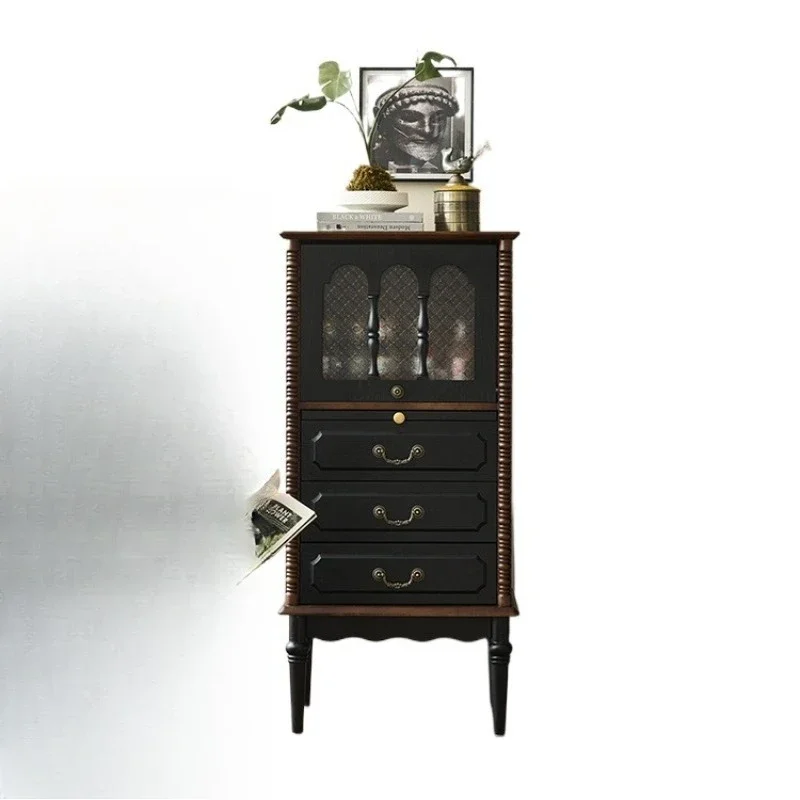 

French retro solid wood side cabinet, small household light luxury drawer three-bucket cabinet