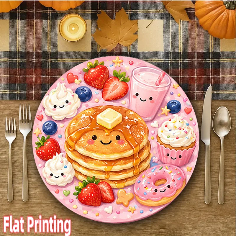 VIKAMA Cute Kawaii Food Round Placemats Set of 4 Pink Pancakes Strawberry Dinner Mats Kids Dessert Decor Heat Resistant Washable