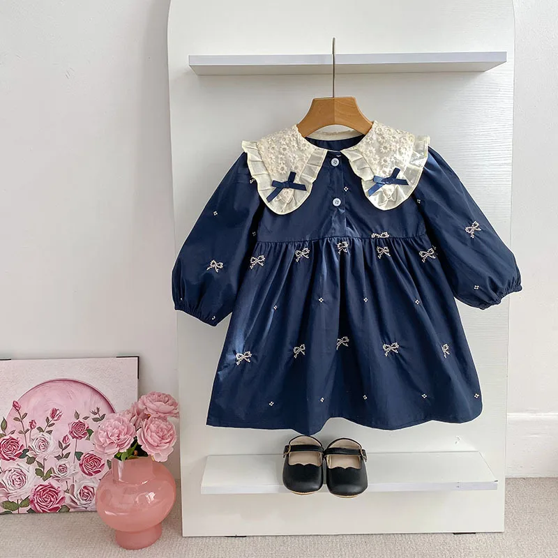 

Girls' Dress with Bow Embroidery Baby Clothes Spring and Autumn Long Sleeve Romper for Baby Girls Children's Sister Outfit