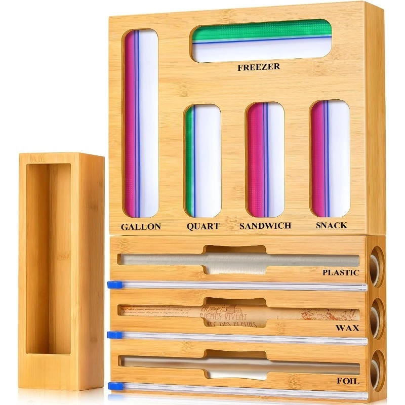 

9 IN 1 Storage Bag Organizer for Kitchen Drawer, Bamboo Foil and Plastic Wrap with Cutter, Organizers Compatible Gallon,