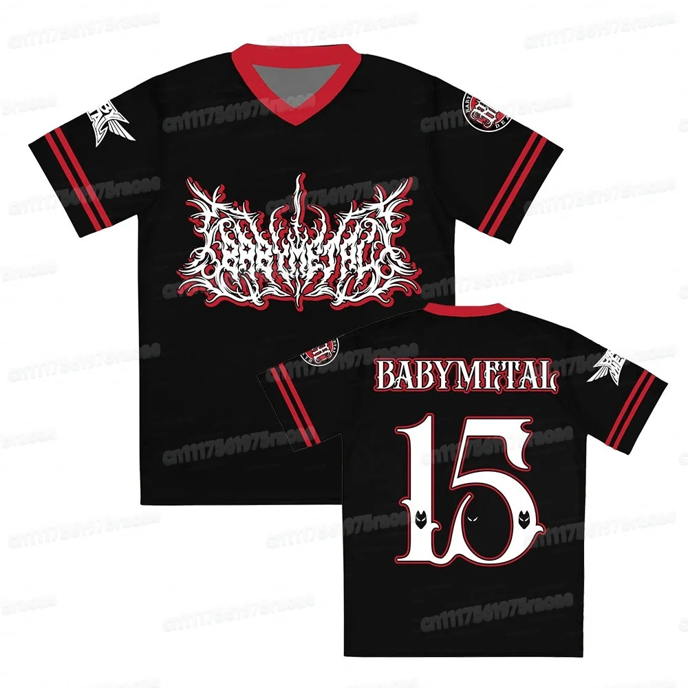 Fußballtrikot Unisex V-Ausschnitt Sportshirt Schwarz mit rotem Rand Kurzarm-T-Shirt Gothic Dark Metal Grafikdruck T-Shirt FamilyMatching – Detail 6