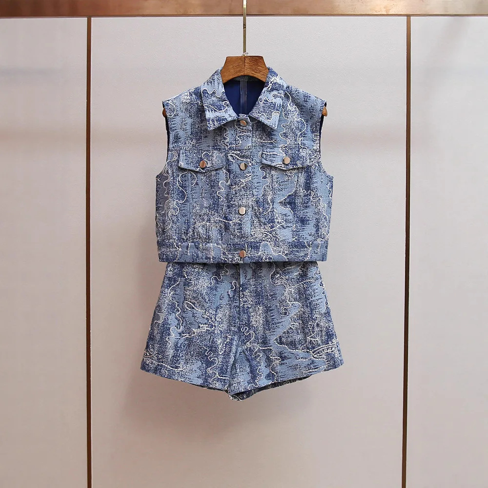 

High-End Women's Denim Jacket And Shorts Set Embroidered Vintage Collar Two-Piece Suit for Autumn Casual Sportswear