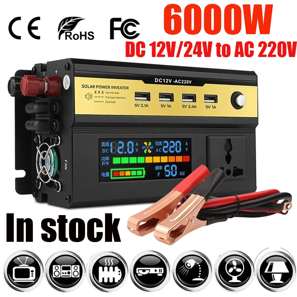 Peak 3000-6000W Car Power Inverter DC12/24V To AC 220V Transformer with USB Universal Socket Charger Modified Sine Wave Inverter