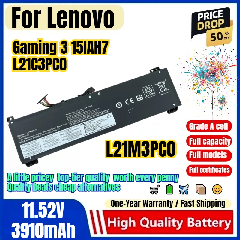 L21M3PC0 for Lenovo Gaming 3 15IAH7 L21C3PC0 Laptop Battery 0 Cycle  High Capacity Battery Replacement Bateria Grade A Cell