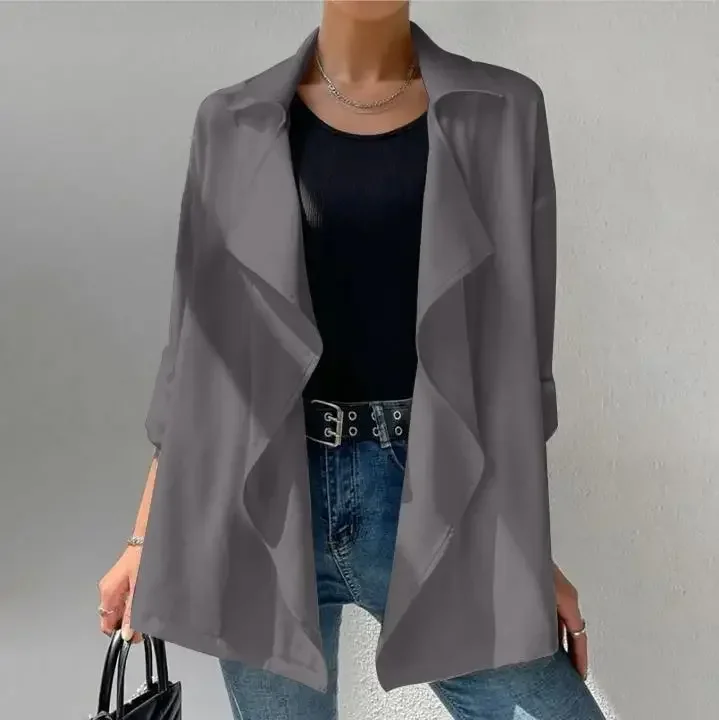 2023 Casual Women's Outerwear with White Top Lapel Pocket Trench Coat