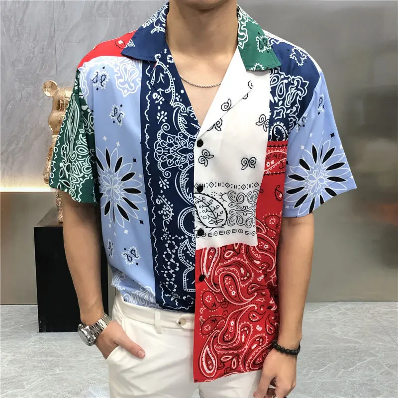 

Streetwear Vintage Ethnic Cashew Flower Patchwork Print Summer Beach Shirt Hip Hop Casual Holiday Tops Men Hawaiian Shirts